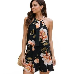 Black Floral Halter 2PC Set XL Boho Summer Shorts Vacation Outfit
